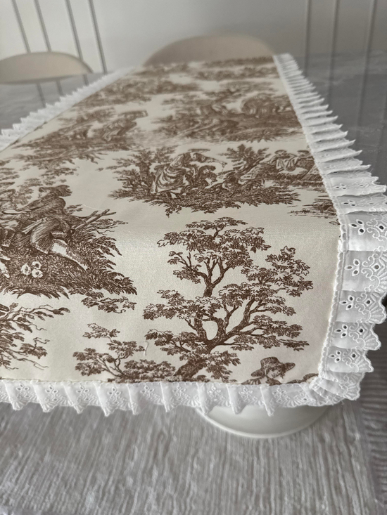 Fırfırlı Fisto Detaylı Vintage Köylüler Desenli Runner Kahverengi