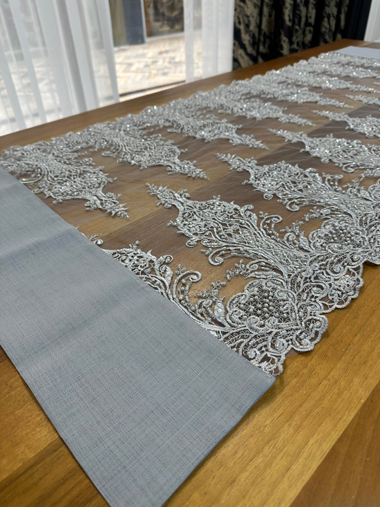 Güpür Kumaş Hazır Runner DGR75 Gri