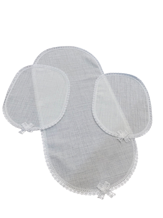 Kenarları Güpür Detaylı Üç Parça Oval Set Beyaz