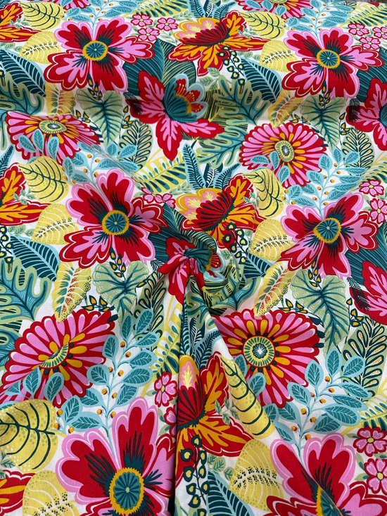 Tropikal Çiçek Desenli Premium Poplin D2665 Pembe Turuncu