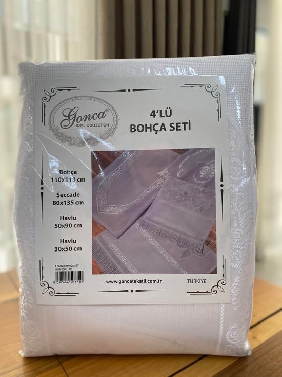 Gonca Desen Etamin Boşluklu Seccade, Kare Örtü ve İkili Havlu Set Beyaz