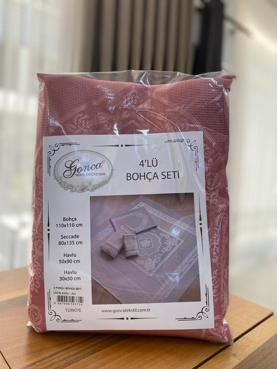 Gonca Desen Etamin Boşluklu Seccade, Kare Örtü ve İkili Havlu Set Gülkurusu