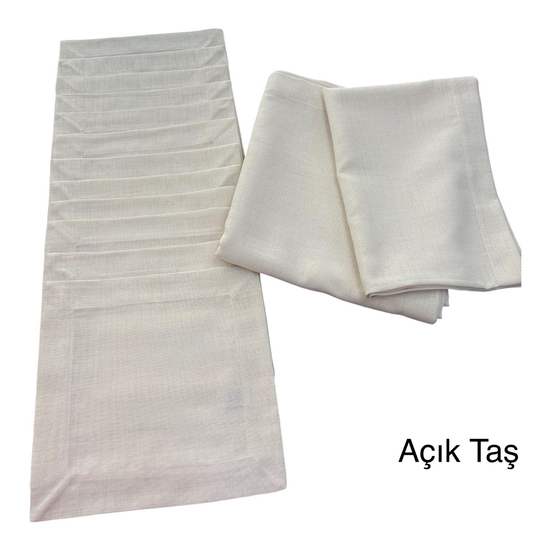Linen Kumaş 12 Kişilik Masa, Peçete ve Runnerdan Oluşan Köşe Çevrili Servis Takımı Açık Taş