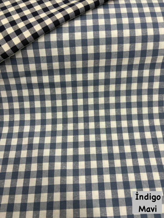 Orta Boy Kareli Etuval Cotton Keten İndigo Mavi