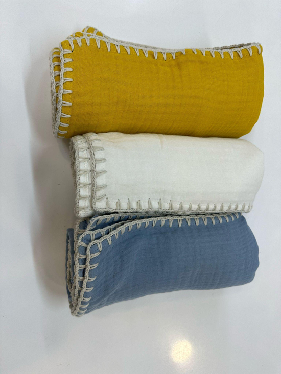 Pure Tığ İşi Multi Müslin Hazır Örtü Denim Mavi