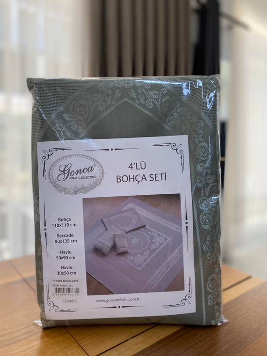 Gonca Desen Etamin Boşluklu Seccade, Kare Örtü ve İkili Havlu Set Haki Yeşil