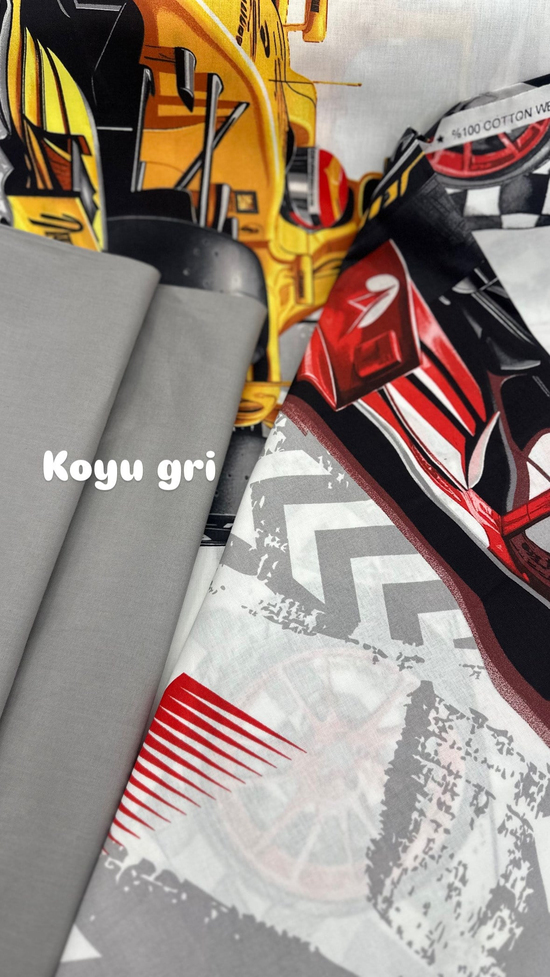 Yarış Arabası F1 Desenli Akfil Kumaş D89210 Gri