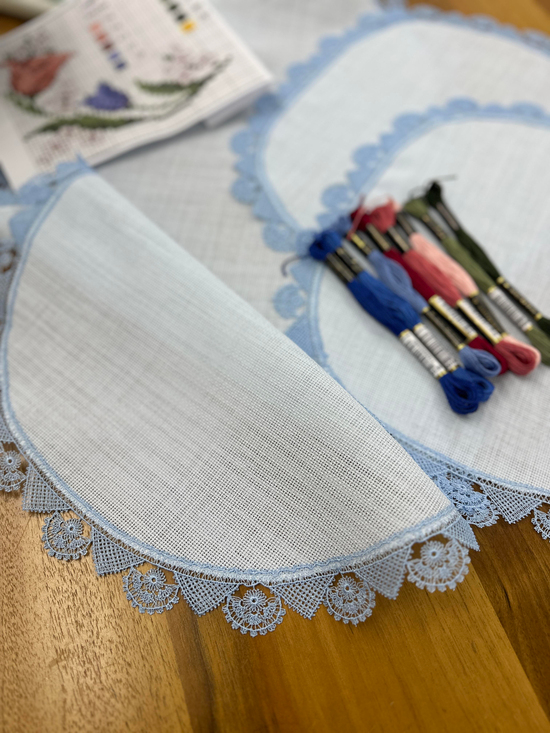 Kenarları İğne Oyası Güpür Detaylı Üç Parça Oval Set