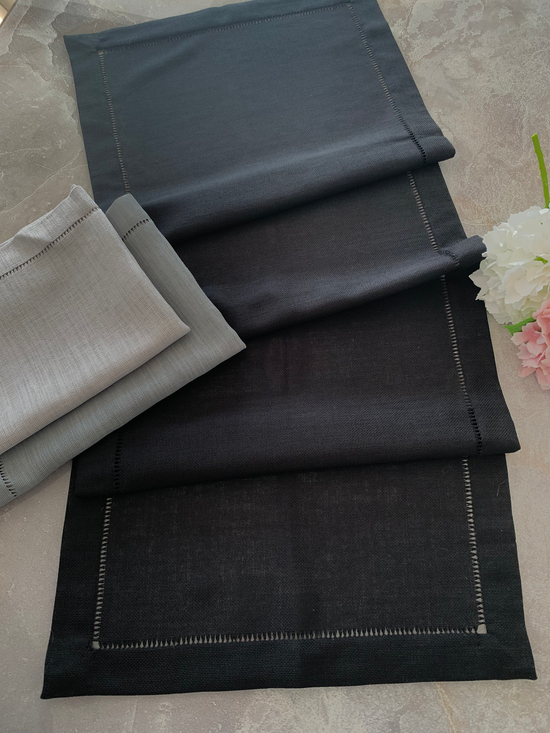 Ajur Detaylı Linen Kumaş Runner Siyah