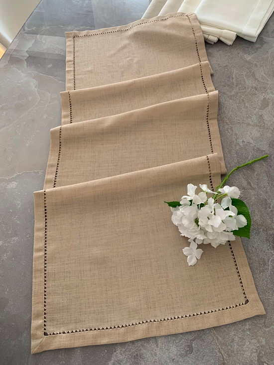 Ajur Detaylı Linen Kumaş Runner Kapuçino