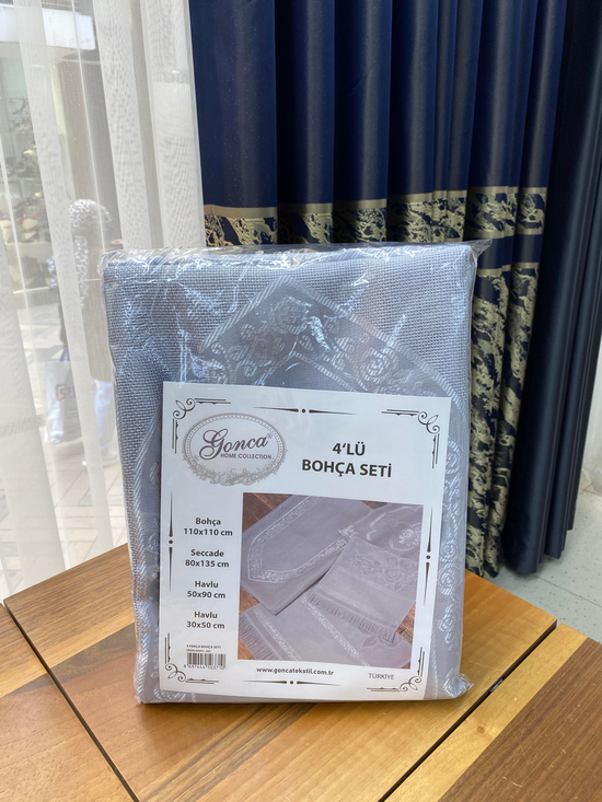 Gonca Desen Etamin Boşluklu Seccade, Kare Örtü ve İkili Havlu Set Gri