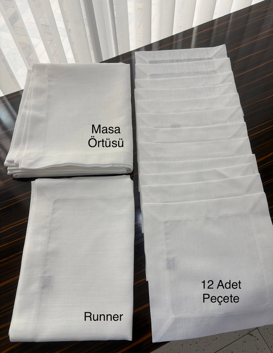 Linen Kumaş 12 Kişilik Masa, Peçete ve Runnerdan Oluşan Köşe Çevrili Servis Takımı Beyaz