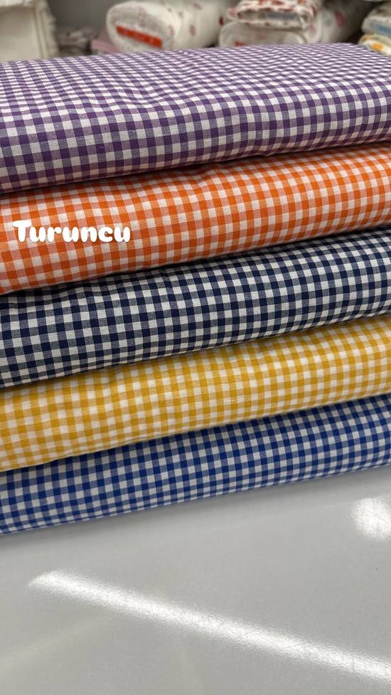 Mini Kareli Desen Poly Poplin Kumaş Turuncu
