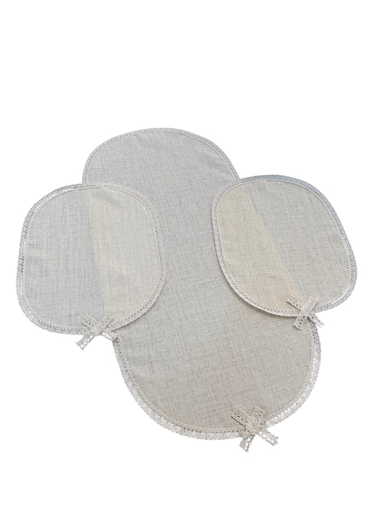 Kenarları Güpür Detaylı Üç Parça Oval Set Açık Bej