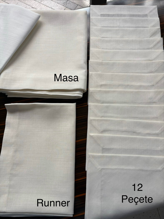 Gardenya Kumaş 12 Kişilik Masa, Peçete ve Runnerdan Oluşan Köşe Çevrili Servis Takımı Krem