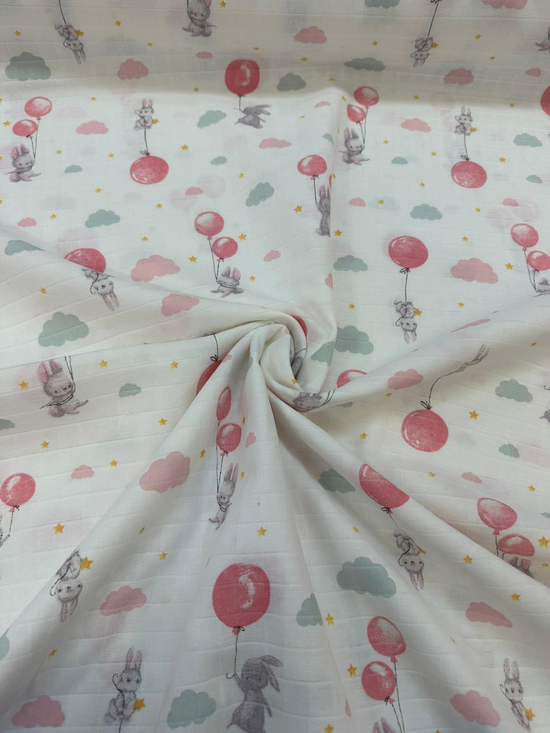Balon Taşıyan Tavşanlaresenli Müslin Kumaş D80190 Pembe