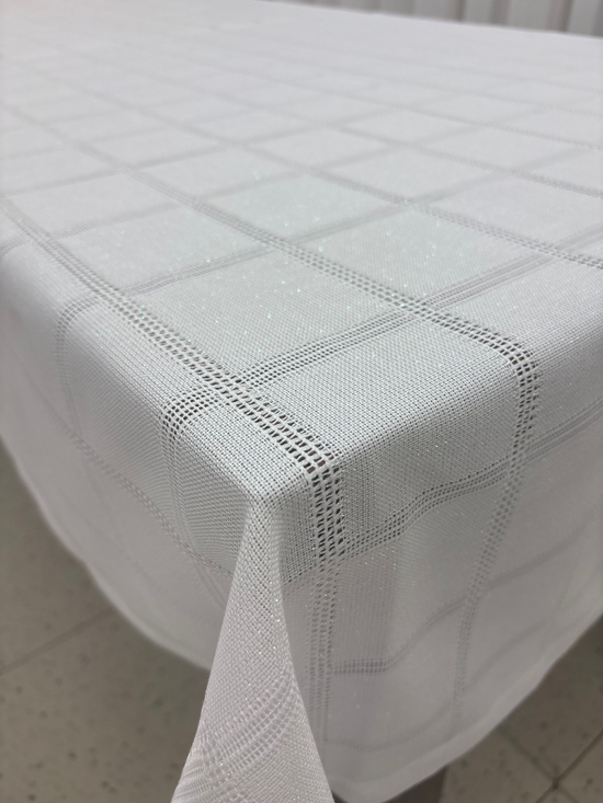 Ajurlu Kareli Bosna Keteni Masa Örtüsü Sedefli Beyaz 100 Cm x 100 Cm