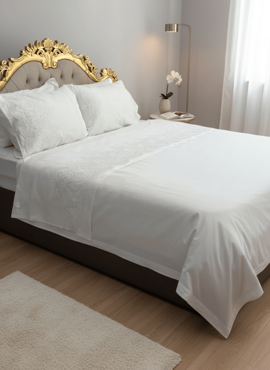 Duru Dantel Detaylı Premium Çift Kişilik Pamuk Saten Nevresim Takımı- Beyaz