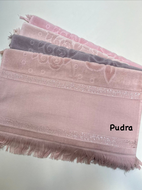 Etamin Boşluklu, Püsküllü Kadife El Havlusu Pudra Pembesi