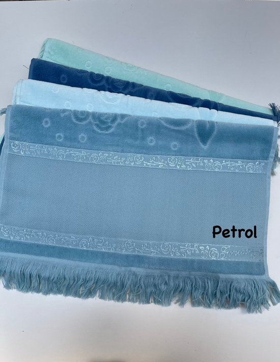 Etamin Boşluklu, Püsküllü Kadife El Havlusu Petrol Mavisi