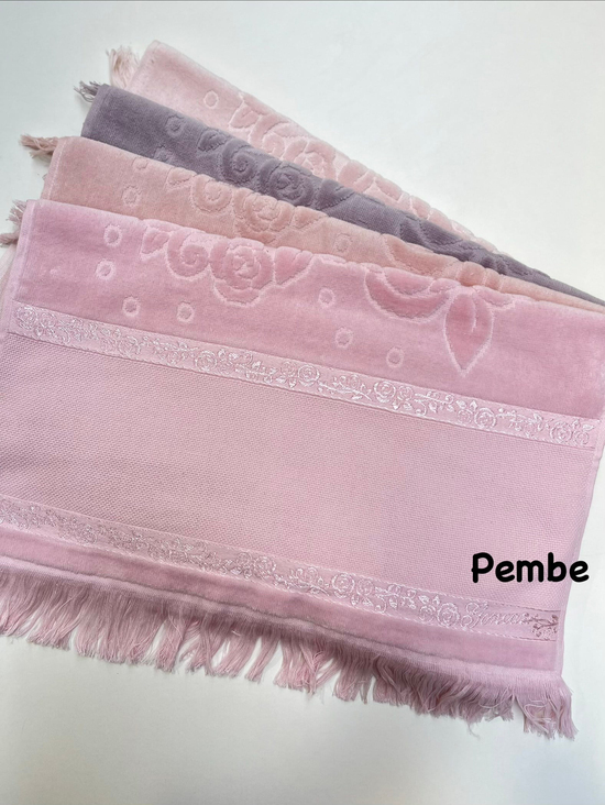 Etamin Boşluklu, Püsküllü Kadife El Havlusu Pembe