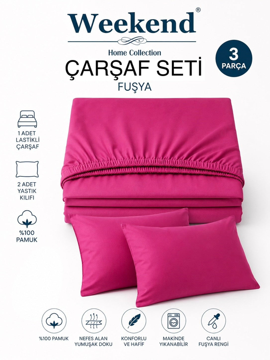 Weekend Çift Kişilik %100 Pamuk Ranforce Lastikli Çarşaf Seti – 160X200 Cm Fuşya Pembe