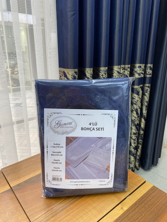 Gonca Desen Etamin Boşluklu Seccade, Kare Örtü ve İkili Havlu Set Lacivert