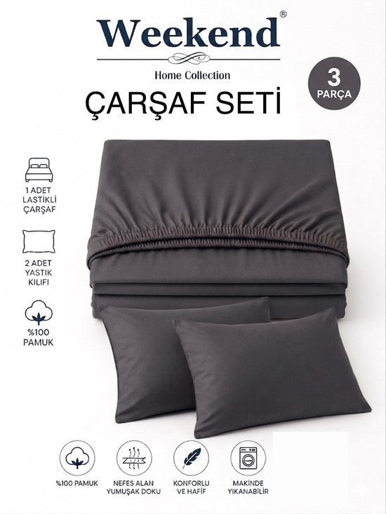 Weekend Çift Kişilik %100 Pamuk Ranforce Lastikli Çarşaf Seti – 160X200 Cm Antrasit