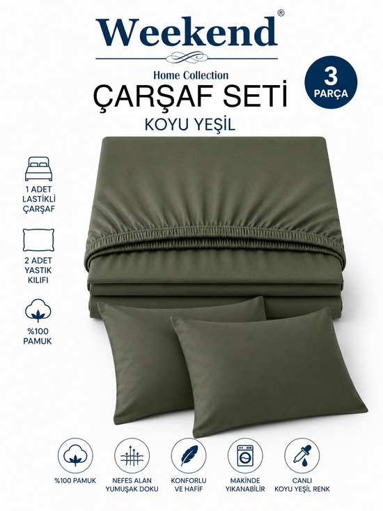 Weekend Çift Kişilik %100 Pamuk Ranforce Lastikli Çarşaf Seti – 160X200 Cm Koyu Yeşil