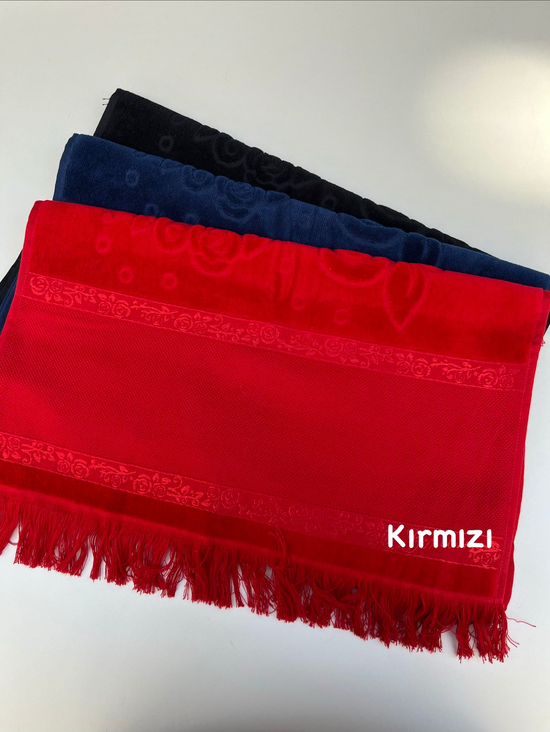 Etamin Boşluklu, Püsküllü Kadife El Havlusu Kırmızı