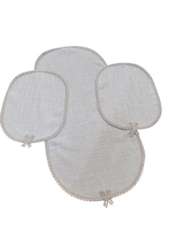 Kenarları Güpür Detaylı Üç Parça Oval Set Gri