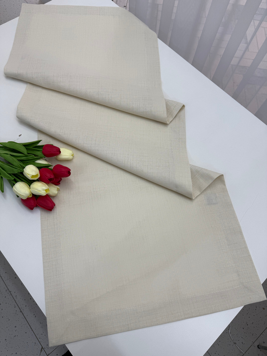 Köşe Çevrili Linen Kumaş Runner Açık Bej