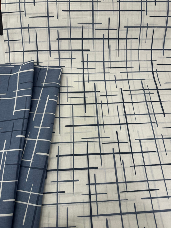 Geometrik Desen Akfil Kumaş beyaz zemin indigo çizgili