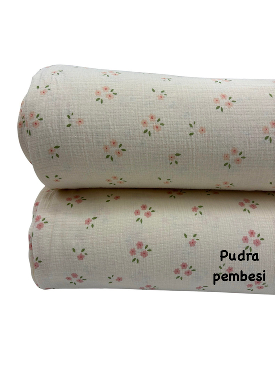 Peony Üçlü Çiçek Desenli Çift Katlı Müslin Pamuk Kumaş Pudra Pembesi