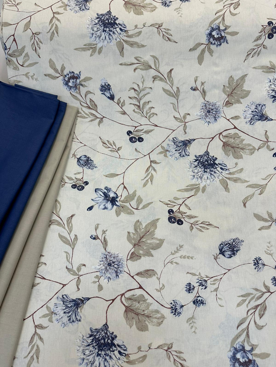 Zemin Mavi Vintage Çiçekler Desenli Akfil Kumaş D3601 Bej