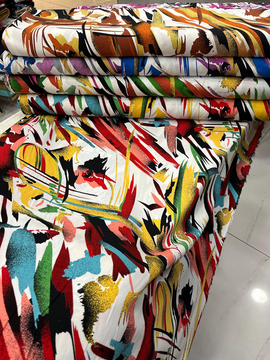 Soyut Art Desenli Çift En Viskon D2600 Kırmızı Turkuaz