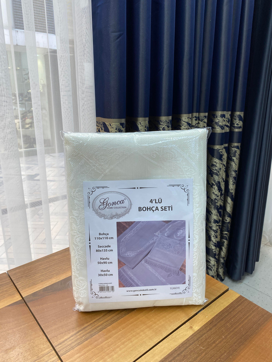 Gonca Desen Etamin Boşluklu Seccade, Kare Örtü ve İkili Havlu Set Krem