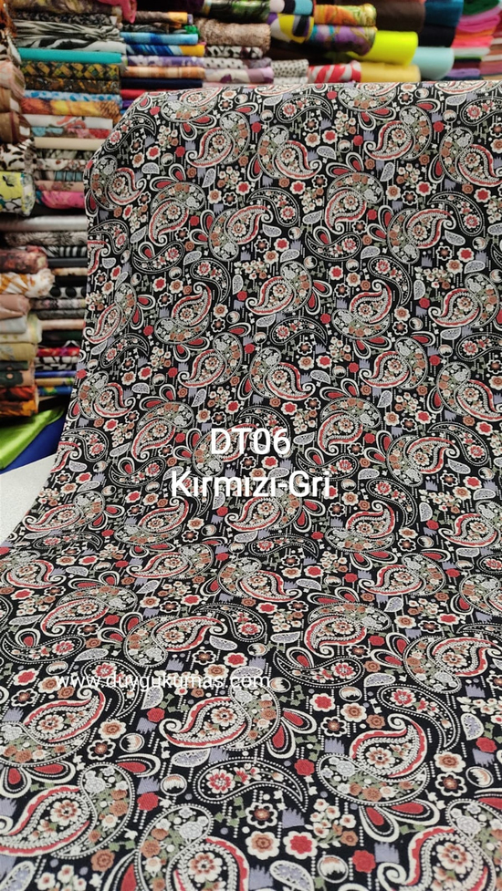 Kırmızı Gri Şal Desenli DT06 Tek En Viskon