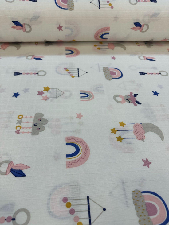 Pembe Gökkuşağı Ve Dönence Desen Müslin D745