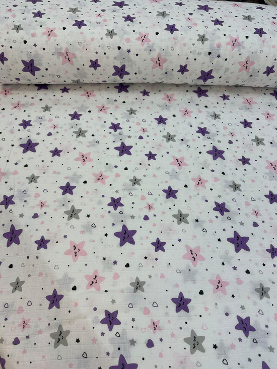 Pembe Mor Sevimli Yıldızlar Desen Müslin D2040