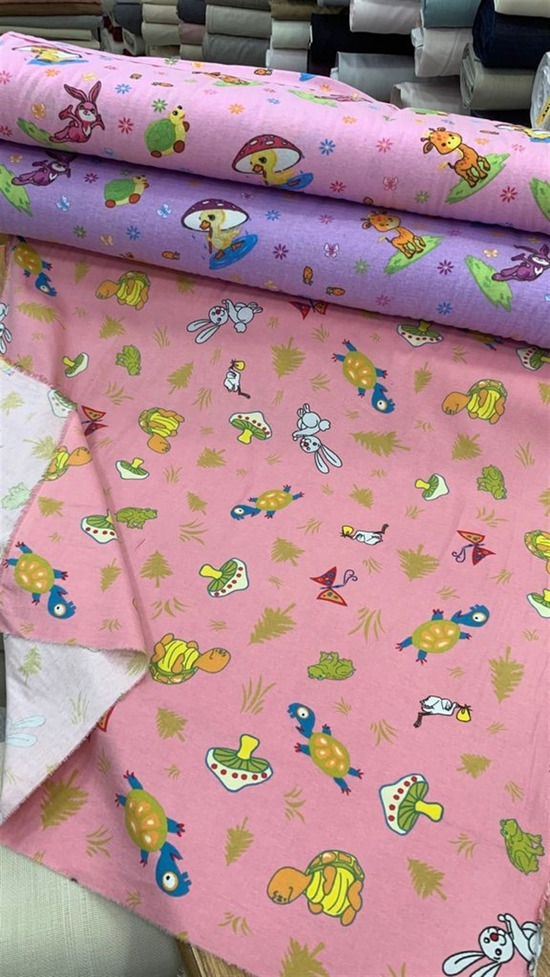 Pembe Tavşan ve Kaplumbağa Desenli Pazen Tek En