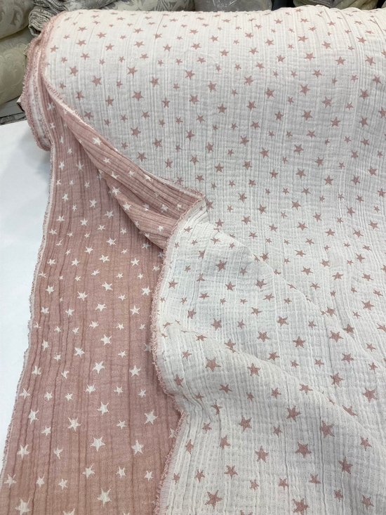 Pembe Yıldız Desenli Çift Katlı Müslin