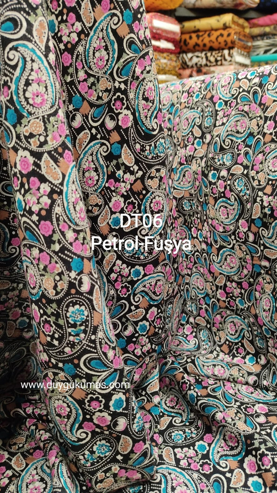 Petrol Fuşya Şal Desenli DT06 Tek En Viskon