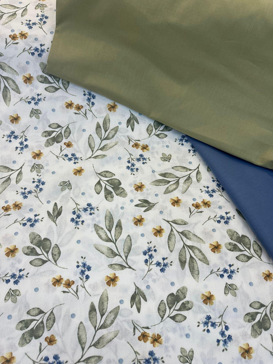 Sarı Ve Mavi Mini Çiçek Detaylı Yaprak Desen Akfil Kumaş D755