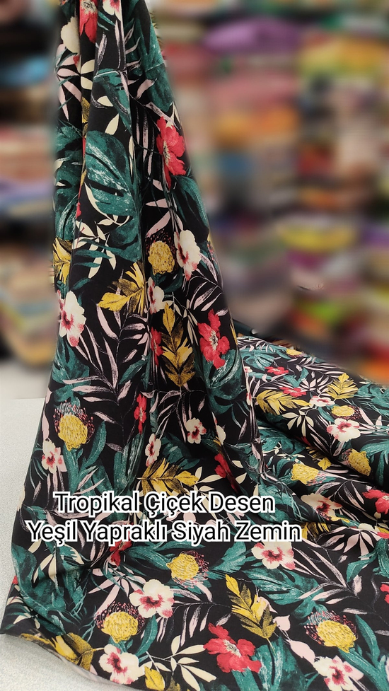 Siyah Zemin Yeşil Yapraklı Tropikal Çiçek Desen Çift En Viskon