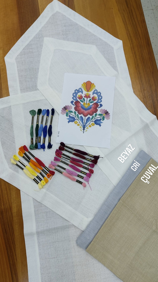 Üçgen Uçlu Köşe Çevrili Linen Salon Set DK35 Şablon Ve İpler Dahil