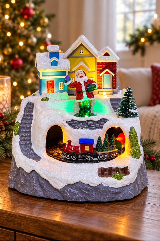 Premium Collection Dekoratif Kar Köyü Müzik Kutusu Yılbaşı Temalı Snow Village 13x12x14 Cm Noel Baba