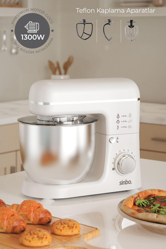 Sinbo SMX-2771 Stand Mikser | 1300W, 5L, Çok Fonksiyonlu Stand Mikser - Mutfak Şefi Beyaz