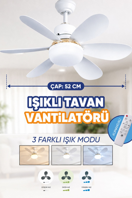 Waldern 6 Kanatlı, Işıklı Sessiz Çalışma Tavan Tip Vantilatör
