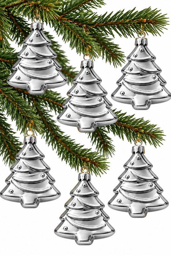 Waldern 6lı 10cm Ağaç Figürlü Xmass Tree Yılbaşı Çam Ağacı Süsü Gümüş